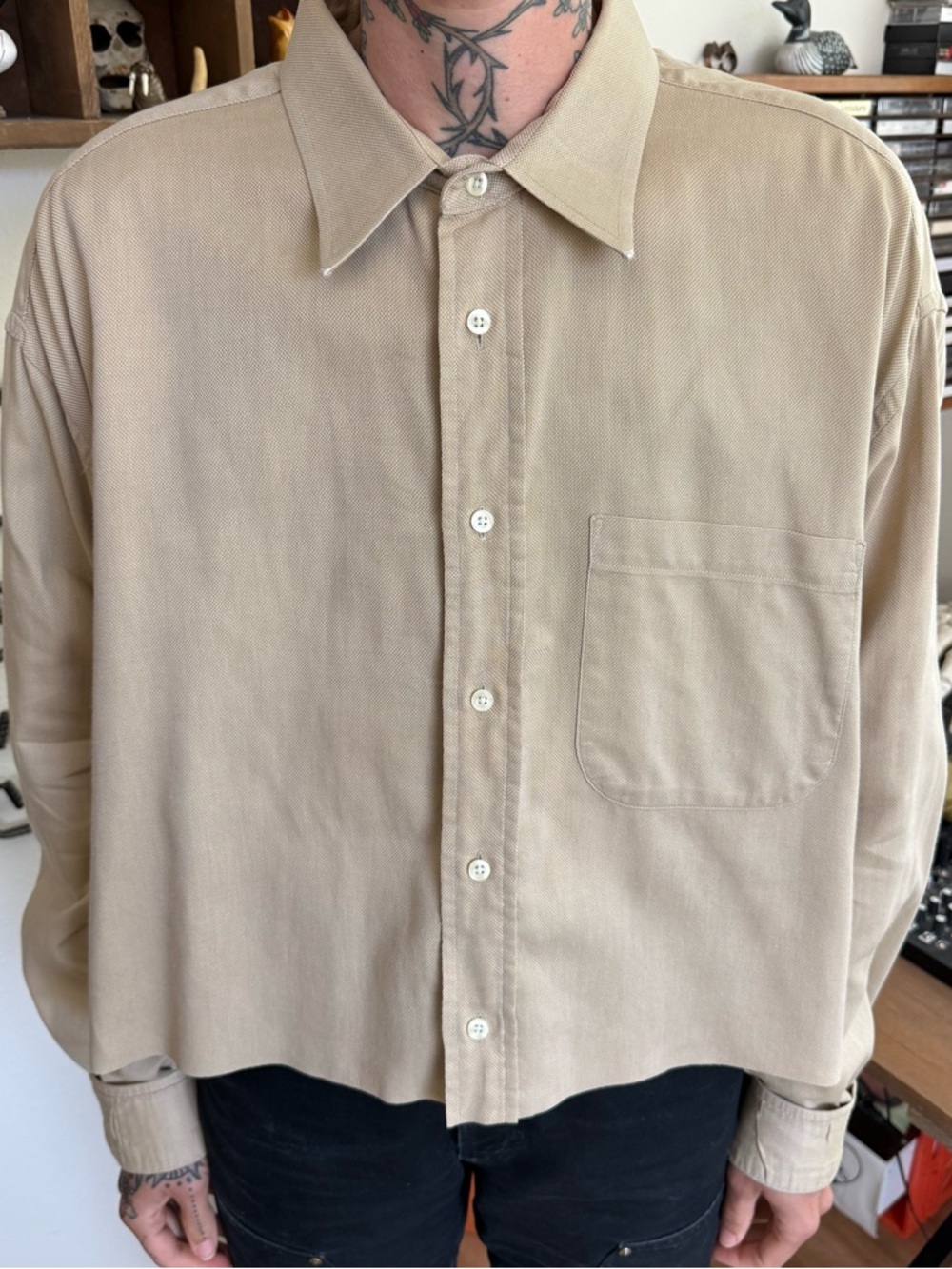 Vintage 80s 90s Cropped Beige Long Sleeve Button Down by Kasper ~ Size XL